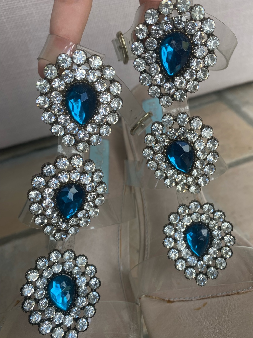 Betsey Johnson Clear Strap Heels with Blue Teardrop Rhinestones - Picture 8 of 12